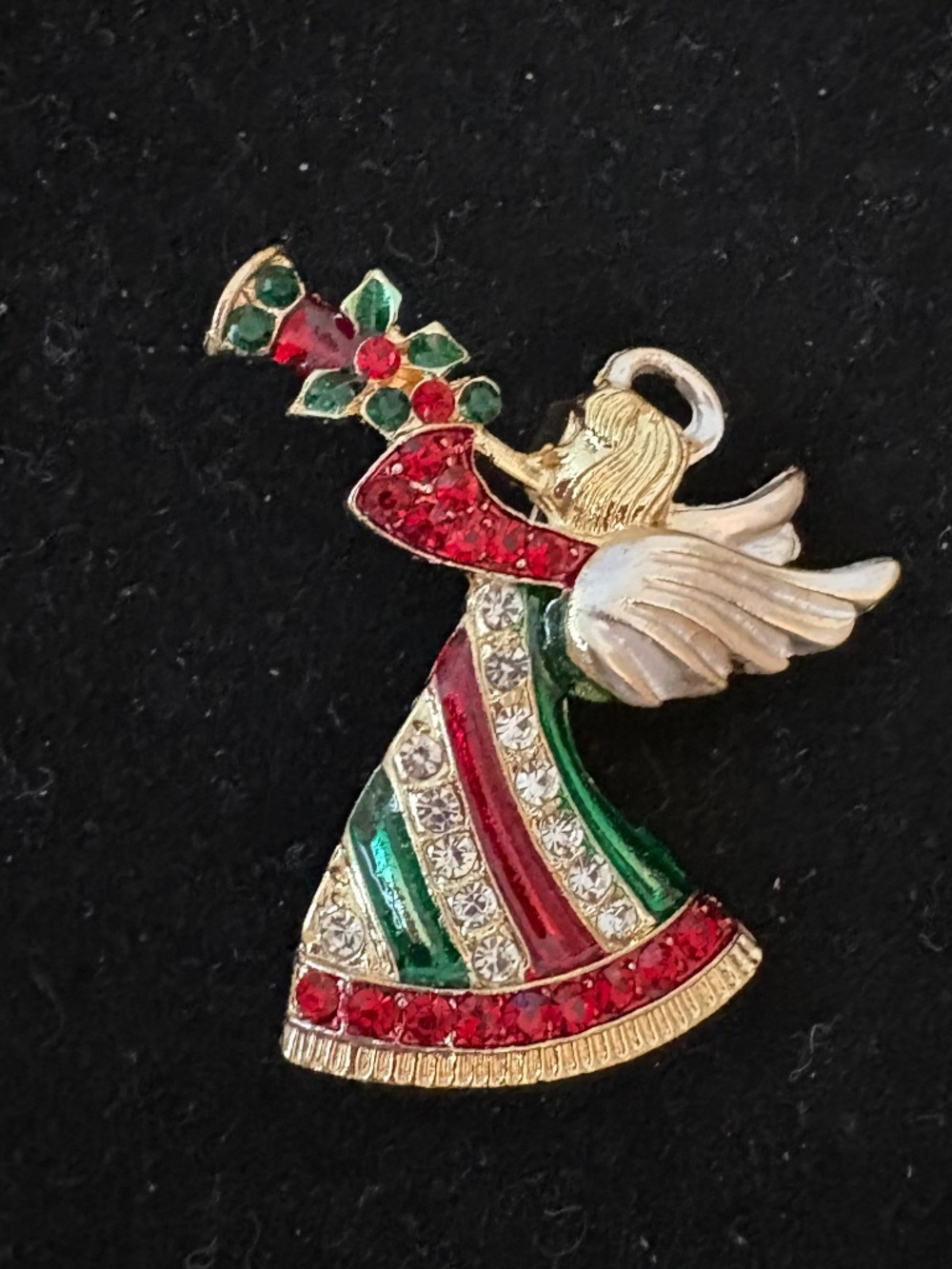 Christmas Angel Rhinestone Brooch Red Green Gold Holiday Pin